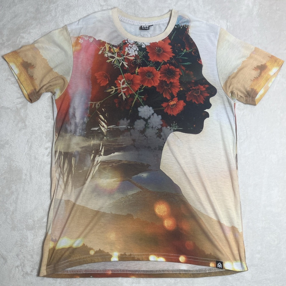Into The AM Womans Large T-Shirt AOP Multicolor Floral Face Design
